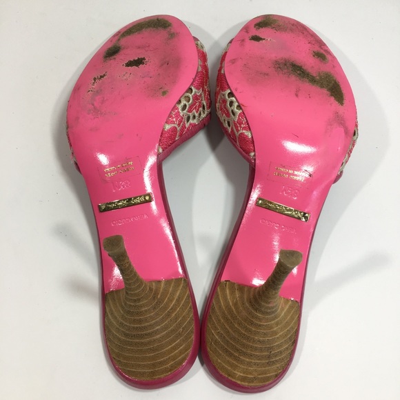 🎀 Betsey Johnson Pinup Bow Pink Lace Sandal Heels - Picture 7 of 8